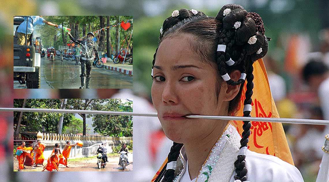 photo montage showing phuket vegetarian festival and songkran festival. girl in thai traditional dress with skewer through cheeks, a policeman being splashed with water and monks throwing water over motorcyclists